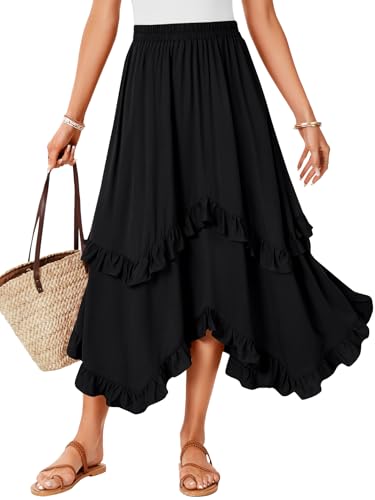 KIFOVEN Women's High Waisted Tiered Ruffle Skirt Boho Western Flowy A-Line Maxi Skirt Asymmetrical Beach Swing Skirts Black X-Small