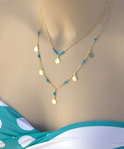Layering Turquoise Necklace,Set of two Necklaces,Gypsy Bohemian Hippie Hipster,Gold Turquoise Necklace