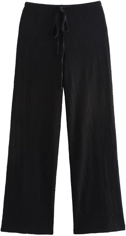 Women's Two-Piece Suit V-Neck Single-Breasted Solid Color Textured Casual Vest High Waist Drawstring Wide-Leg Pants Suit