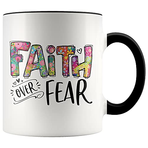 YouNique Designs Faith Over Fear Christian Mug, 11 Ounces, Scripture Coffee Mug for Women, Christian Cups, Christian Coffee Mugs for Women, Bible Scripture Coffee Mug (Black Handle)
