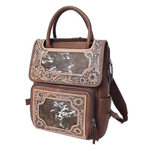 Image of American Darling Western Leather Backpack – Genuine Hair-on Cowhide and Hand-Tooled Floral Design, Adjustable Straps, and Spacious Interior