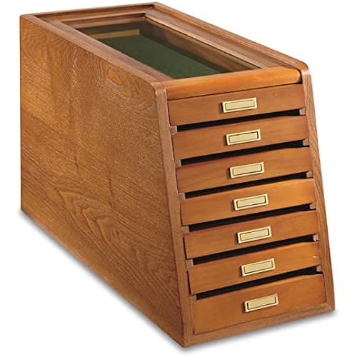 CASTLECREEK Collector's Cabinet Display Case for Collectibles, Wood 7-Drawer Storage Organizer Oak