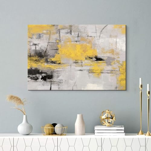 7Fisionart Yellow Abstract Wall Art Black and Gray Wall Decor Paintings Canvas Pictures Framed Artwork for Bedroom Living Room Kitchen Office Decorations 36 x 24