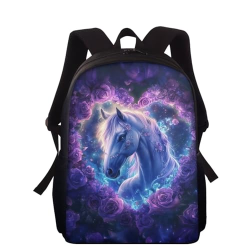 Wnbucioht Kinder-Rucksack f&uuml;r Schule, B&uuml;chertasche, Jungen, M&auml;dchen, Schulranzen, 38,1 cm, personalisierbar, Kindergarten, Tier-Pferd, Violett, Einheitsgr&ouml;&szlig;e
