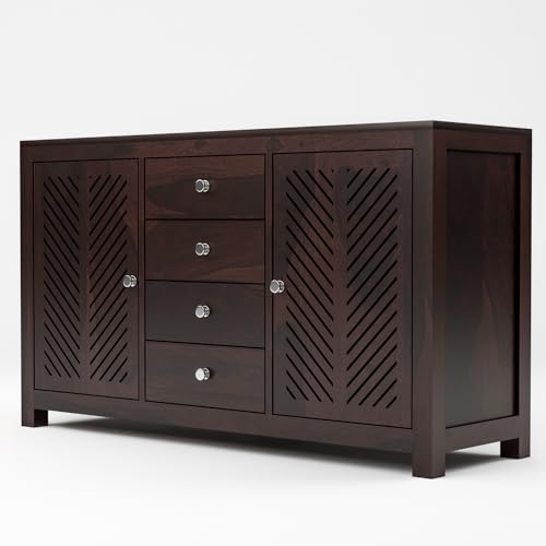 Image of Solid Sheesham Wood Wooden Sideboard Storage Cabinet : Ideal for Living Room and Bedroom with 4 Drawers and 4-Shelf Storage ((Ferna, Walnut Finish)