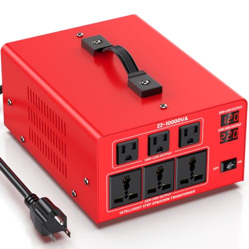 Image of 10000W Heavy Duty Voltage Converter Transformer - Step Up 110V to 220V & Step Down 220V to 110V, Auto Input Recognition, 3 US & 3 Universal Outlets, LCD Display, Circuit Breaker for Travel & Home