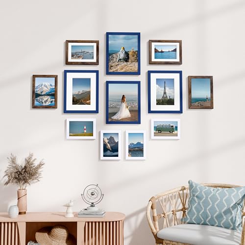 Image of Vittanly 12 Pack Picture Frames Collage Wall Decor for Mounting or Tabletop Display, Gallery Wall Frame Set for Family, Multi Sizes Including 4pcs 8x10, 4pcs 5x7, 4pcs 4x6, Blue & Brown & White