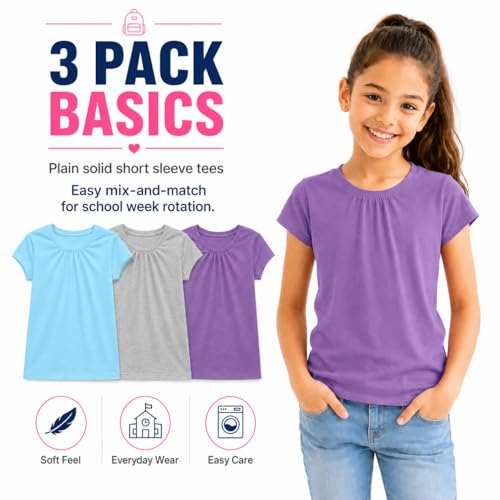 Image of Bienzoe Plain Solid Girls T-Shirts: School Basic Tee 3-Pack | Short Sleeve, Ages 4-13, PE, Recess, Outdoor Play, Soft Cotton Blend, Breathable Quick-Dry, Easy Care, Easy to Mix and Match