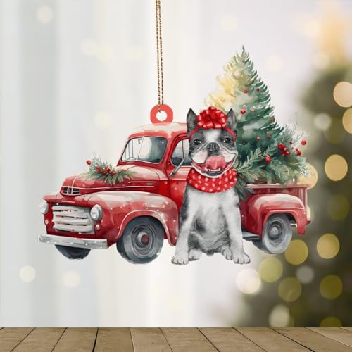 WoGuangis Bulldog francés, árbol de Navidad, camión rojo, decoración de árbol de bulldog francés, decoración de Navidad, regalo para amantes de los perros, decoración de Navidad, adornos acrílicos