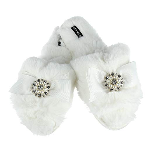 Faux Fur Bow Slippers with Rhinestones - Open Toe House Slides in Black (sizes Small to XLarge)3