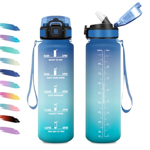 Gourde Sport 1L, Bouteille d'eau Motivante avec Marquages de Temps, Gourde avec Paille, Facile à Transporter, Étanche et Réutilisable, Bouteille pour Randonnée, Camping, Bureau, Extérieur, Yoga