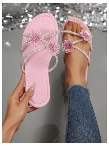 Image of OYOANGLE Women's Silver Rhinestone Sandals Sparkly Dressy Flat Sandals