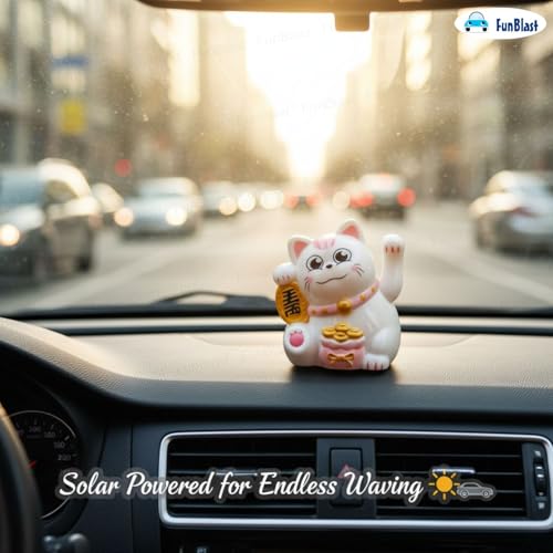 Image of FunBlast Maneki Neko Lucky Cat, Waving Arm Solar Powered Good Luck Wealth Welcoming Display Car Decor Paw Up with Arm, Decor Item for Home, Office and Car (Pink)