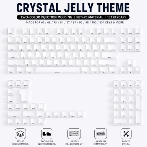 132 キー クリスタルクリア Jellyキーキャップ キー サイドプリント CBSA プロファイル Cherry Gateron MX メカニカル 対応 (ホワイト)