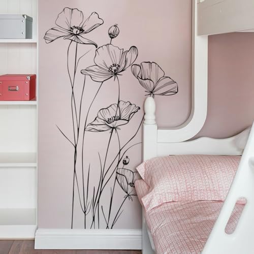 Black and White Poppy Flower Wall Decal Minimalist Sketch Botanical Wall Art PVC Peel Stick Wall Stickers for Living Room Bedroom Entryway Elegant Home Decor
