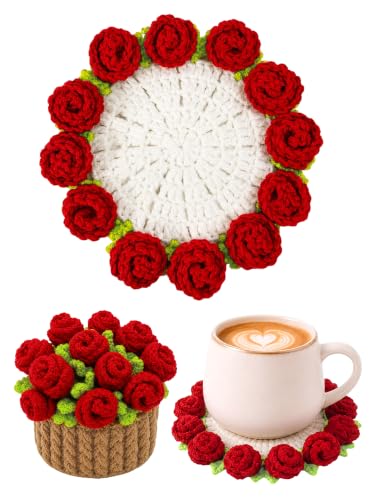 KQJS Crochet Flower Bouquet Coasters, Cotton Rose Gifts for Home Decor 1Pc