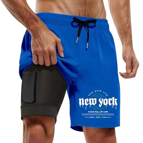 Pantalones cortos deportivos para hombre con bolsillos, prácticos 2 en 1, para correr, fitness, playa, deporte, tiempo libre, azul, L