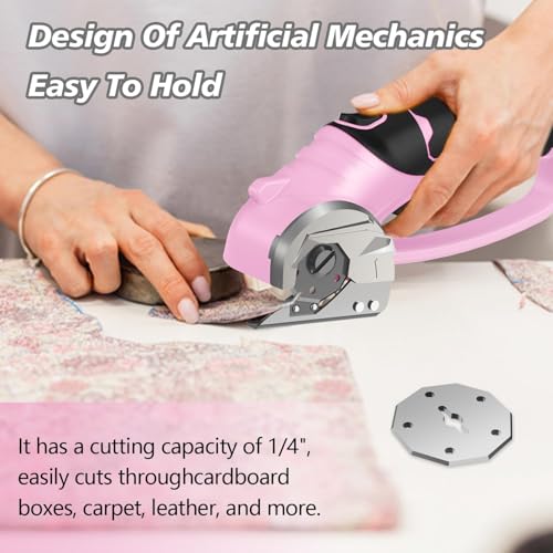 Image of 4V Cordless Electric Scissors, Rechargeable Box Cutter & Cardboard Cutter with LED Light, Rotary Cutter for Fabric, Leather, Carpet, Plastic, Crafting, Sewing with Storage Box -Pink