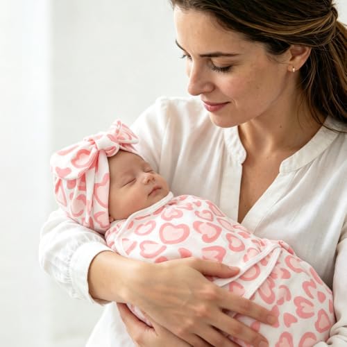 Image of DRESHOW BQUBO 3 Pack Newborn Baby Swaddle Blanket with Hats Infant Adjustable Velcro Swaddling Wraps with Bear Ears Cap for 6-12 Lbs Newborns & 0-3 Months Girls Boys