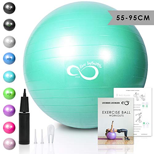 Live Infinitely Exercise Ball (55cm-95cm) Extra Thick Professional Grade Balance & Stability Ball- Anti Burst Tested Supports 2200lbs- Includes Hand Pump & Workout Guide Access (Mint, 65 cm)