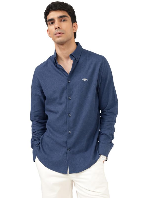 Image of Andamen Men Premium Button-Down Collar Solid Cotton Casual Shirt Navy