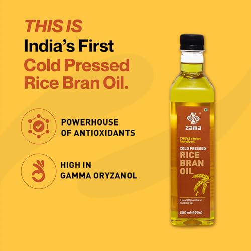Image of Zama Cold Pressed Rice Bran Oil 500 Litre | Premium Cooking oil | Source of Good Fats | Vitamin E | Suitable for Stir Frying and Deep Frying | Naturally made, Farm Fresh oil contains Oryzanol | Improves Heart Health, Reduces Cholesterol