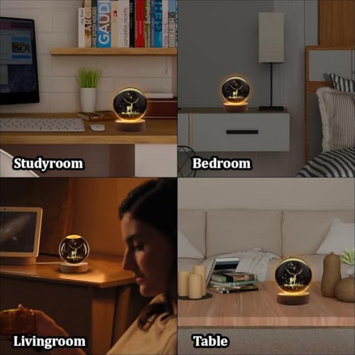 Image of UCRAVO 3D Deer Crystal LED Night Light Decoration Snow Globe Christmas Night Light, 3D Laser Engraving Glass Ball,USB Charging Crystal Ball with Wooden Base,Nightstand Bedroom Decoration, Home Gift