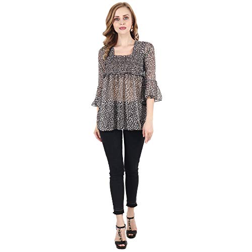 Image of POPWINGS Printed Chiffon Peplum Tops for Women || 3 /4th Sleeves Square Neck Women Tops for Summer || Stylish Western Smocking Women Tops