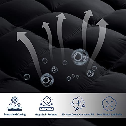 ELEMUSE Cal King Black Mattress Topper for Back Pain, Extra Thick Mattress Pad Cover, Plush Soft Pillowtop with Elastic Deep Pocket, Overfilled Down Alternative Filling
