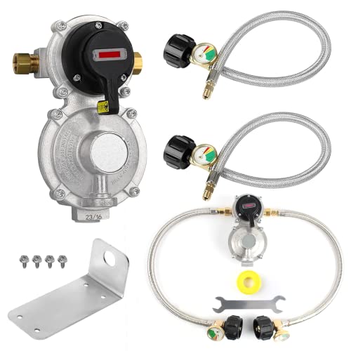 RV Propane Regulator 2 Tank-2-Stage Auto Changeover LP Propane Regulator for RV Includes Gauge and 2X 18 Pigtail Propane Hoses,Ideal for Trailers and Camper RVs