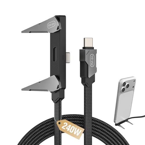 Image of MFish 240W USB-C Cable with Foldable Stand, 3.93FT | 90 T-shaped plug, PD 3.1, E-Marker chip, 45,000 bend test, slim-case fit