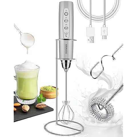 YUSWKO Silver Handheld Milk Frother Wand for Coffee, Rechargeable Electric Whisk with 3 Heads 3 Speeds Drink Mixer Coffee Frother For Latte, Cappuccino, Hot Chocolate, Egg Cover
