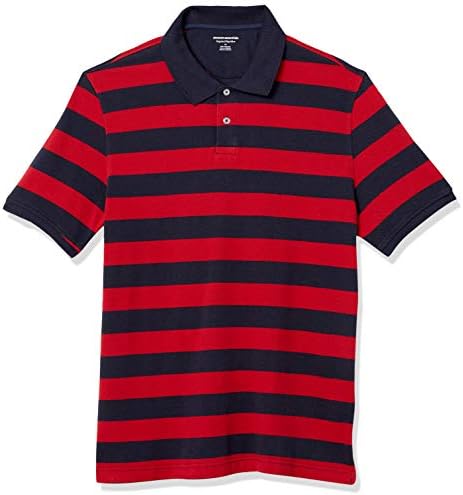 Amazon Essentials Men's Regular-Fit Cotton Pique Polo Shirt (Available in Big & Tall), Red/Navy, Rugby Stripe, Medium