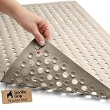 GORILLA GRIP Patented Bath Tub Shower Mat, Machine Washable Bathtub Floor Liner Mats, Suction Cups and Drain Holes to Keep Tubs Clean, Soft on Feet, Bathroom Essentials, 35x16 Inch, Beige