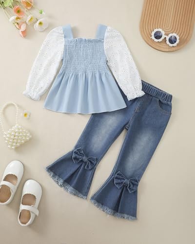 Image of Kucnuzki Toddler Kids Girl Clothes Long Sleeve Shirt Tops Baggy Jeans Cute Pants Set Baby Girl Outfit 2 Piece Clothing