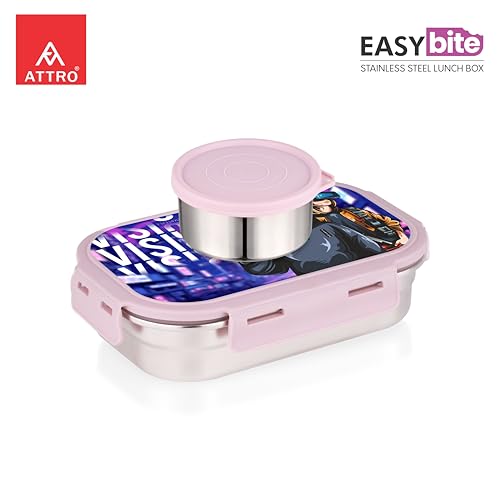Image of ATTRO Easy Bite Stainless Steel Lunch Box with Inner Steel Body, Airtight 4-Side Lock Lid, Leakproof Silicone Seal, Small Container for Office School Kids Tiffin Box - 650ml+150ml-VR Gaming Peach