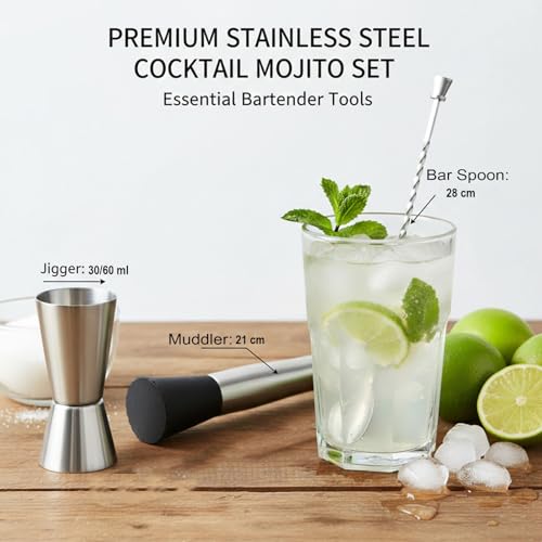 Image of finality Mojito Muddler Bar Tool Set, 3 PCS Cocktail Set Mixing Tools Stainless Steel Cocktail Muddler with Cocktail Spoon Long Handle and Jigger for Mojitos Fruit Drinks (Stirrer Spoon Set)