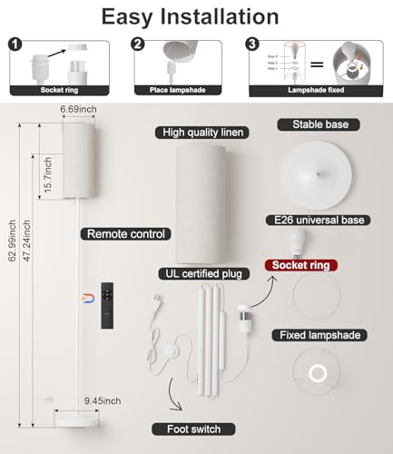 luckystyle LED Floor Lamp for Living Room, Dimmable Standing Lamps with Foot Switch,Remote Custom Color Temperature White Pole Lamp with Lampshade,12W Led Bulb Tall Lamps for Bedroom Office Kid Room