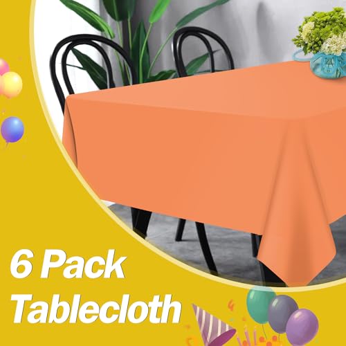Image of tujol Orange 6 Pack Plastic Table Cloth 54 inch x 108 inch, Disposable Tablecloths Rectangle Table Cover, Plastic Tablecloths for Parties
