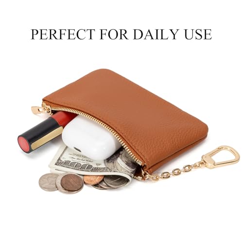 Image of Full Grain Leather Coin Purse with Key Chain - Small Change Purse Keychain Card Holder Keychain Pouch Small Keychain Wallet for Women and Men (Brown, Large Size)