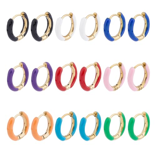 DICOSMETIC 9 Pairs Enamel Hoop Earring 15-16mm Colored Hoop Earrings 18K Gold Plated Huggie Hoop Earrings Small Cute Statement Earrings Stainless Steel Earrings Set Fashion Jewelry for Women
