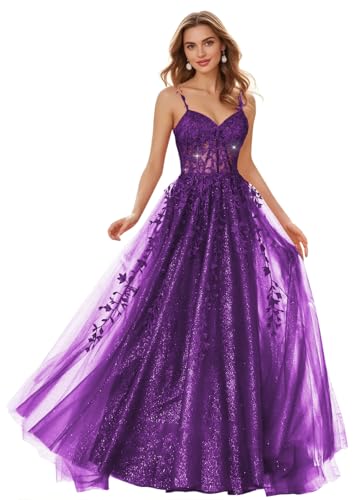 Hiclein Flower Lace Tulle Prom Dress with Appliques Spaghetti Straps Sparkly with Slit for Teens...