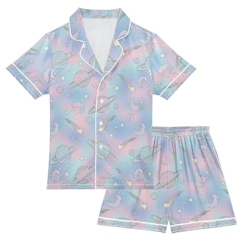 Satin Pajama Sets Short Sleeve Pastel Space Planets Stars Button Down Silky Nightwear 2 Piece PJS 5-14Y