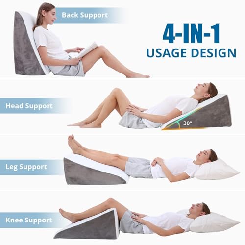 Image of Sasttie Wedge Pillow, 12 Inch Memory Foam Bed Wedge Pillow for Sleeping, Acid Reflux, Back Pain, Post Surgery, and Snoring, Designed with Washable Cover, Cool Gray (Pack of 2)