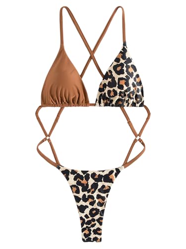 OYOANGLE Women's Leopard Print One Piece Swimsuit Criss Cross Cut Out Triangle Bathing Suits