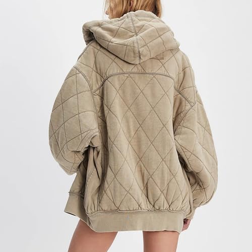 Women Quilted Puffer Jacket Hooded Lightweight Long Sleeve Zip Up Winter Coat Oversized Outwear Warm Tops with Pocket2