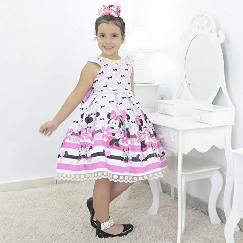 Vestido infantil tema Minnie Rosa com bordado em perolas