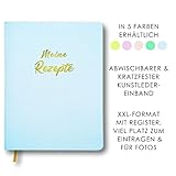 Meine Rezepte himmelblau: Großes Rezeptbuch zum Selberschreiben in blau im Leder-Look mit Register und Platz für Fotos, liniert