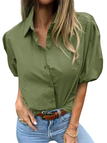 Image of Tankaneo Womens Button Down Shirts Puff Sleeve Tops Summer Cotton Blouses | Loose Fit, Boxy, Dressy Casual, Collared, Short Sleeve, Solid Color, Striped, Plaid, Polka Dots