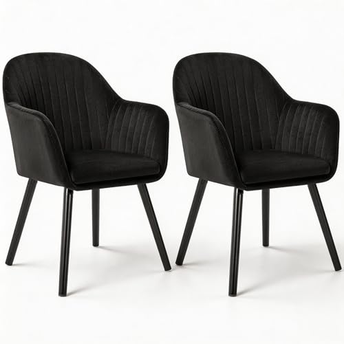 WOLTU Esszimmerstühle 2er Set, für Schlafzimmer Küche Wohnzimmer, Küchenstühle gepolstert mit Armlehne, Massivholzbeinen, Sitzfläche aus Samt, Schwarz